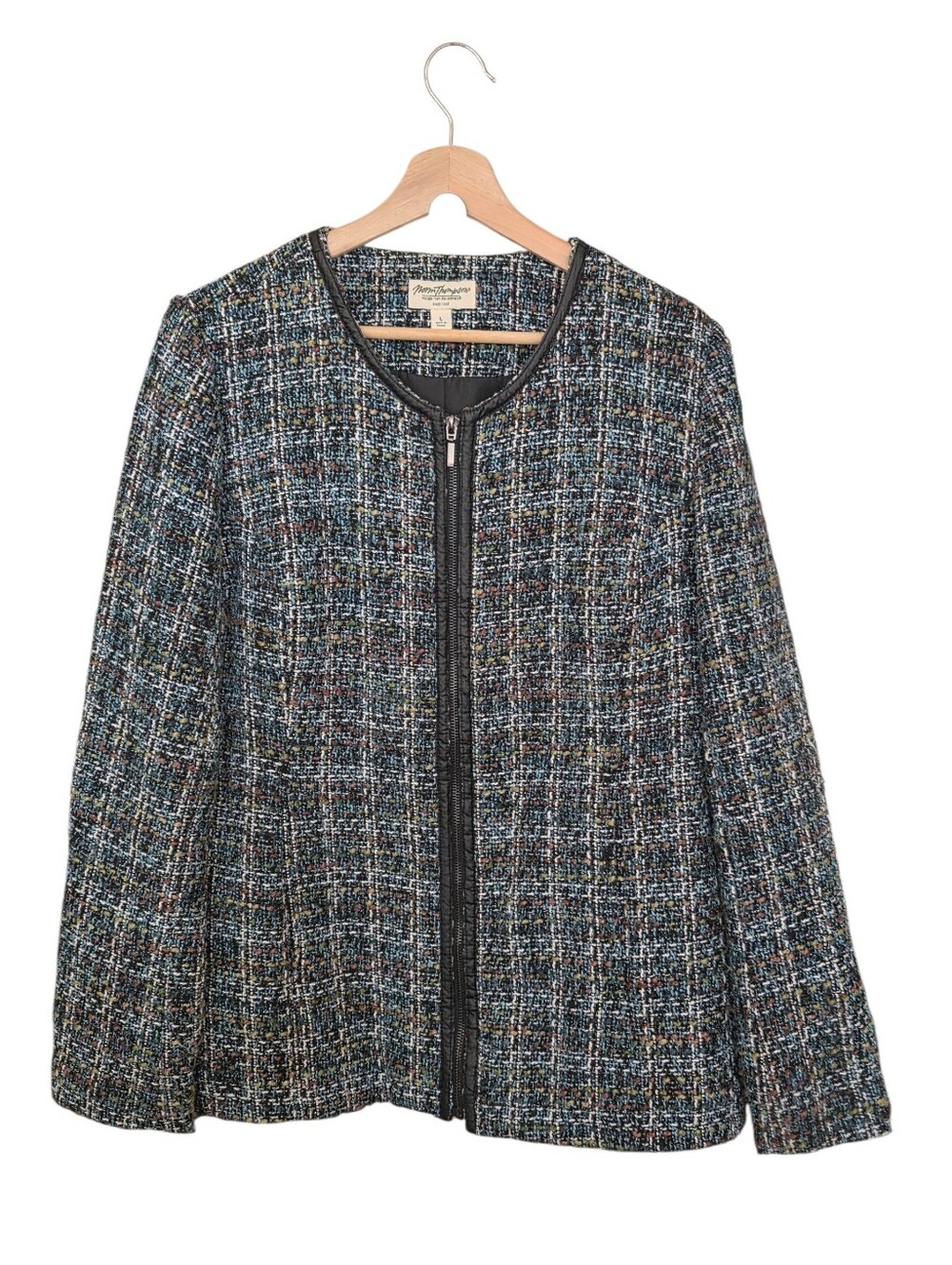 Norm Thompson Vintage Zip-Front Multicolor Boucle Tweed Blazer Size L VGUC